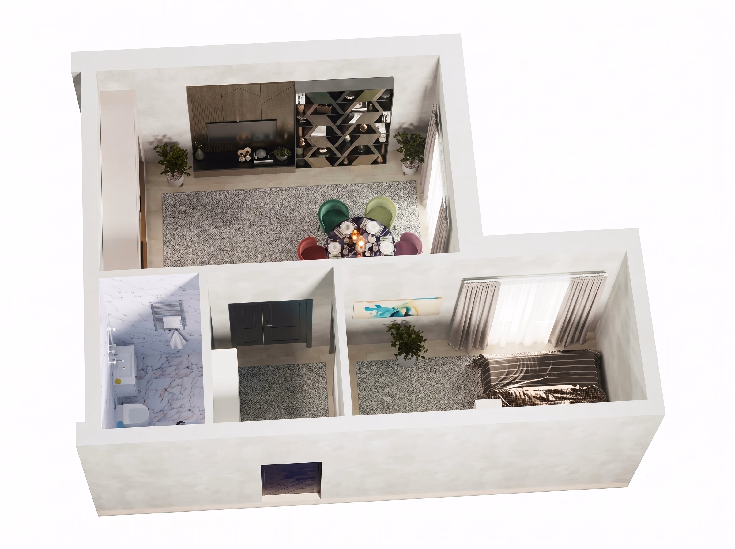 1 xonali 44.0 m² xonadon 3D ko'rinishi
