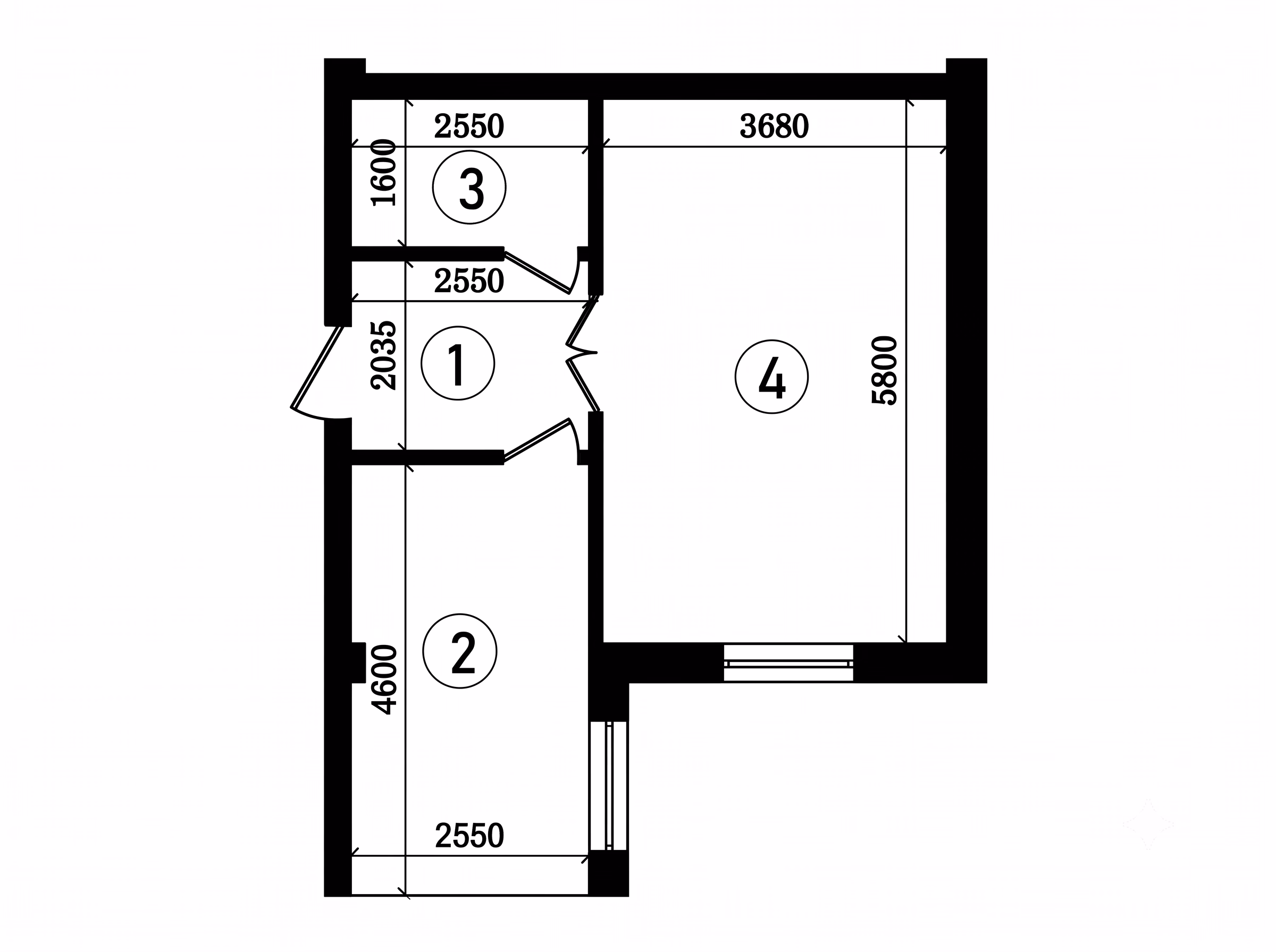 1 xonali 44.0 m² xonadon sxemasi