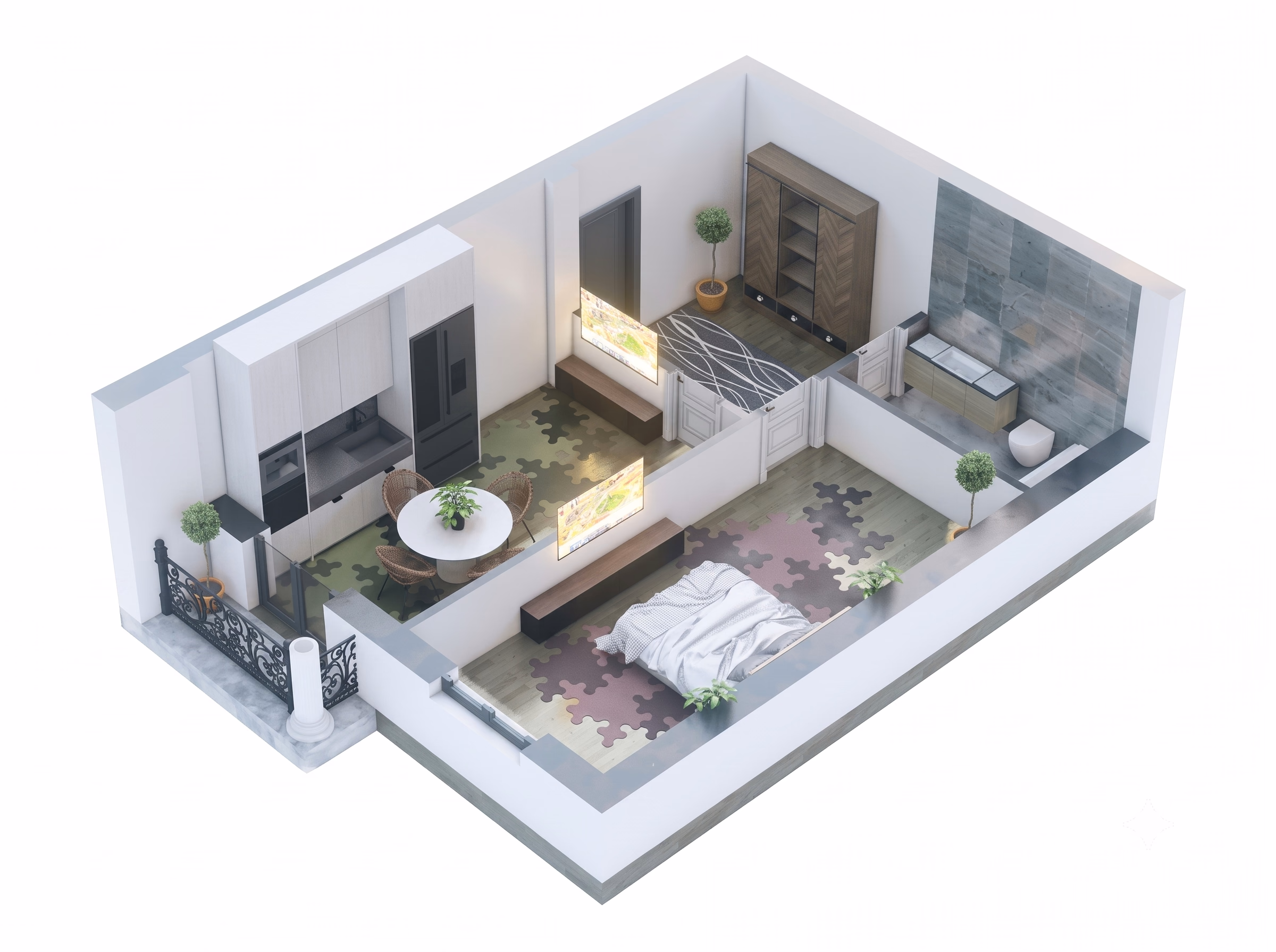 1 xonali 50.7 m² xonadon 3D ko'rinishi