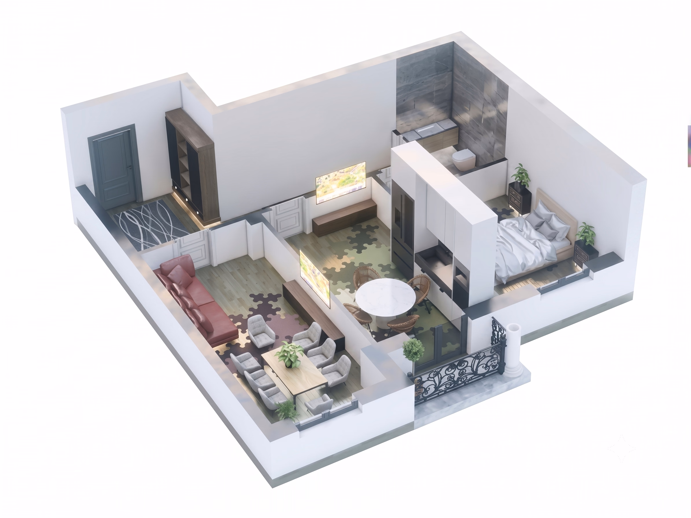 2 xonali 66.4 m² xonadon 3D ko'rinishi
