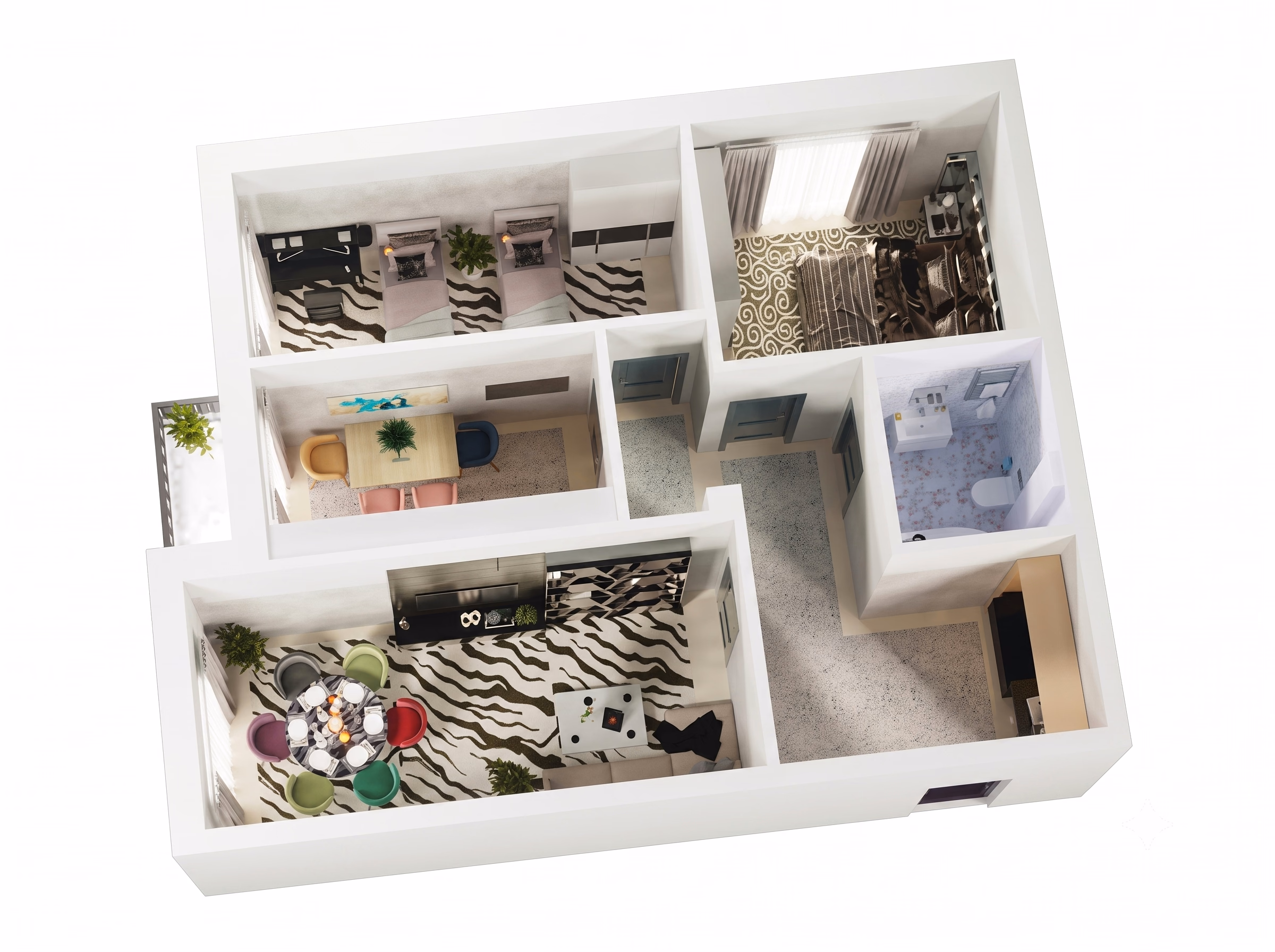 3 xonali 75.0 m² xonadon 3D ko'rinishi
