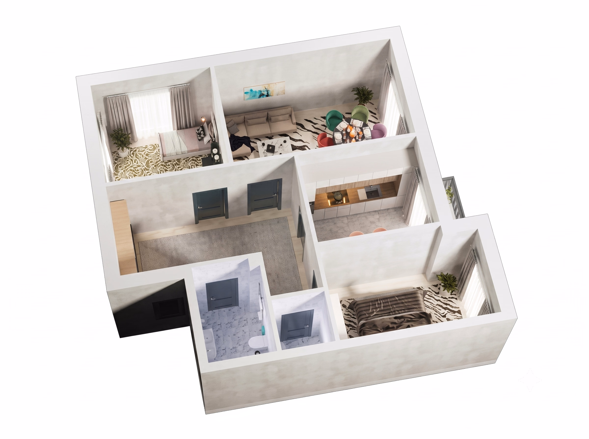 3 xonali 80.0 m² xonadon 3D ko'rinishi